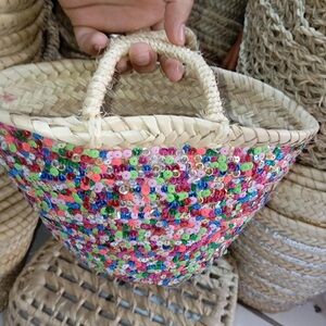 Colorful Sequin Straw Tote Bag